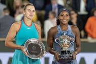 Aryna Sabalenka (left) and Coco Gauff (right) with the runner-up and winner's trophies respectively at the 2025 French Open (Source: Getty)